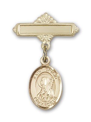 Pin Badge with St. Brigid of Ireland Charm and Polished Engravable Badge Pin - 14K Solid Gold