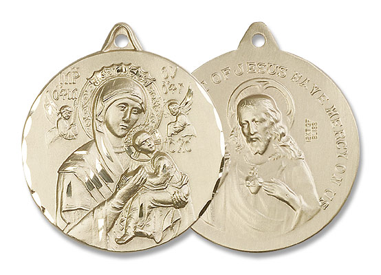 Double Sided Our Lady of Perpetual Help and Sacred Heart Medal - 14K Solid Gold