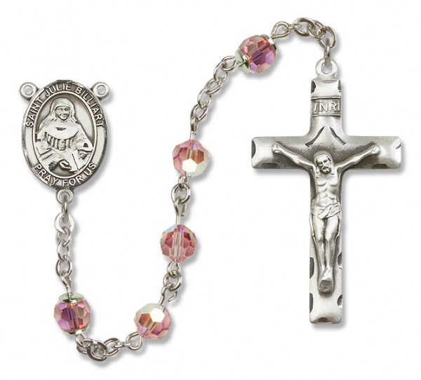 St. Julia Billiart Sterling Silver Heirloom Rosary Squared Crucifix - Light Rose