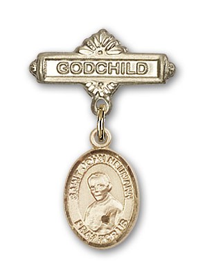 Pin Badge with St. John Neumann Charm and Godchild Badge Pin - Gold Tone