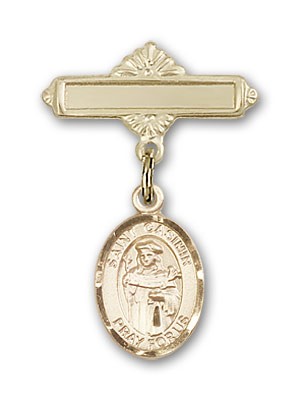 Pin Badge with St. Casimir of Poland Charm and Polished Engravable Badge Pin - 14K Solid Gold