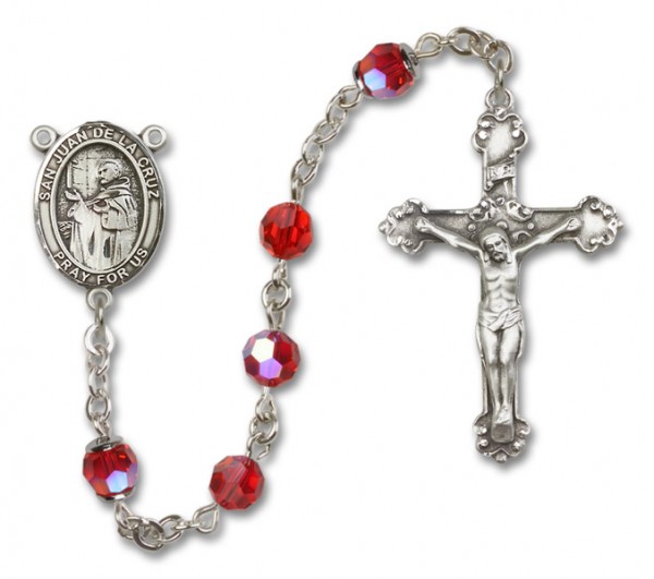 San Juan de la Cruz Sterling Silver Heirloom Rosary Fancy Crucifix - Ruby Red