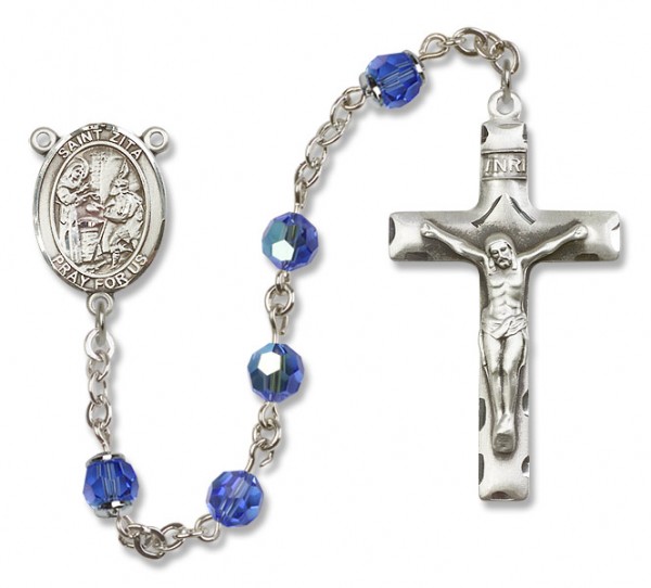 St. Zita Sterling Silver Heirloom Rosary Squared Crucifix - Sapphire