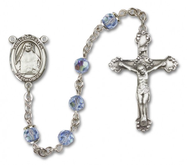 St. Edith Stein Sterling Silver Heirloom Rosary Fancy Crucifix - Light Sapphire