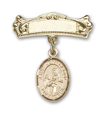 Pin Badge with St. John of God Charm and Arched Polished Engravable Badge Pin - Gold Tone