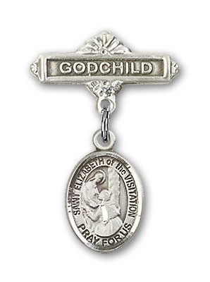 Pin Badge with St. Elizabeth of the Visitation Charm and Godchild Badge Pin - Silver tone