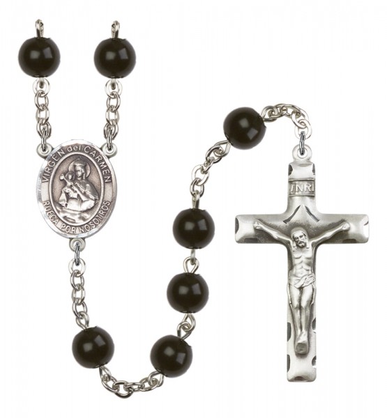 Men's Virgen del Carmen Silver Plated Rosary - Black