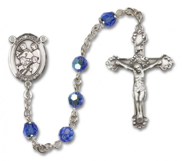 St. Cecilia with Marching Band Sterling Silver Heirloom Rosary Fancy Crucifix - Sapphire