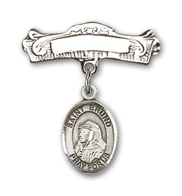 Pin Badge with St. Bruno Charm and Arched Polished Engravable Badge Pin - Silver tone