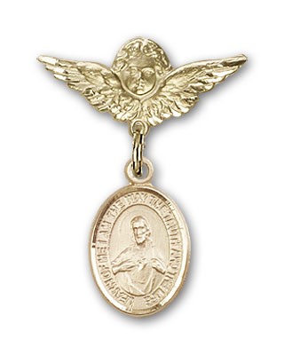Pin Badge with Scapular Charm and Angel with Smaller Wings Badge Pin - Gold Tone