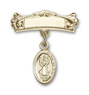 Pin Badge with St. Christopher Charm and Arched Polished Engravable Badge Pin - 14K Solid Gold