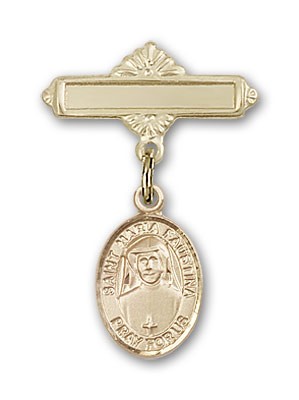 Pin Badge with St. Maria Faustina Charm and Polished Engravable Badge Pin - 14K Solid Gold