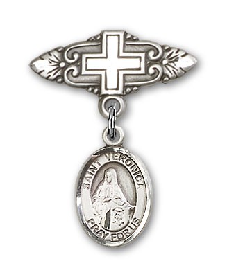 Pin Badge with St. Veronica Charm and Badge Pin with Cross - Silver tone