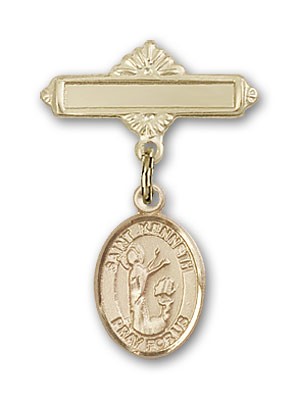 Pin Badge with St. Kenneth Charm and Polished Engravable Badge Pin - Gold Tone
