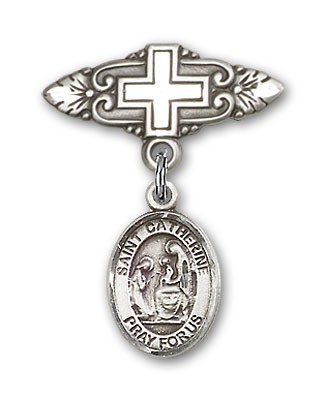 Pin Badge with St. Catherine of Siena Charm and Badge Pin with Cross - Silver tone