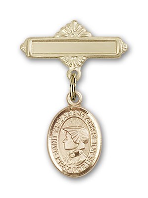 Pin Badge with St. Elizabeth Ann Seton Charm and Polished Engravable Badge Pin - Gold Tone