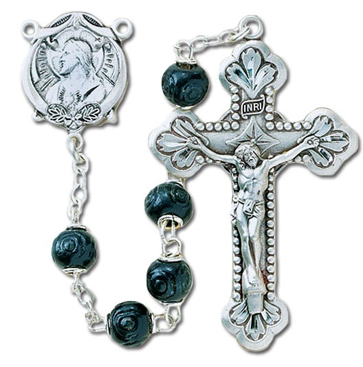 6mm Black Carved Wood Bead Rosary in Sterling Silver - Black