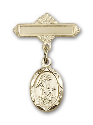 Baby Pin with Guardian Angel Charm and Polished Engravable Badge Pin - 14K Solid Gold