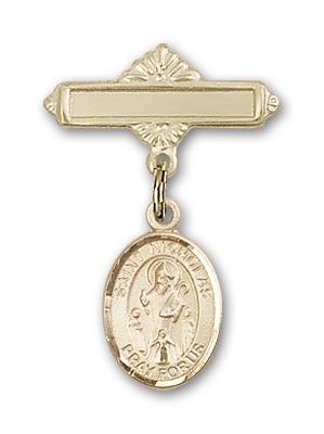 Pin Badge with St. Nicholas Charm and Polished Engravable Badge Pin - Gold Tone