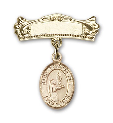 Pin Badge with St. Bernadette Charm and Arched Polished Engravable Badge Pin - Gold Tone