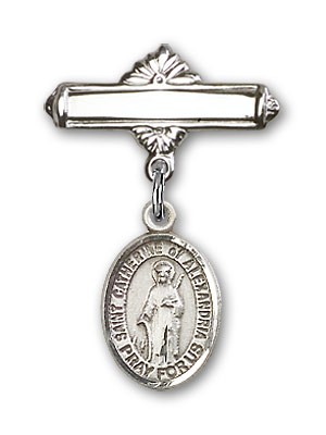 Pin Badge with St. Catherine of Alexandria Charm and Polished Engravable Badge Pin - Silver tone