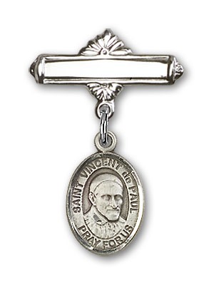 Pin Badge with St. Vincent de Paul Charm and Polished Engravable Badge Pin - Silver tone