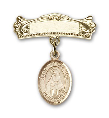 Pin Badge with St. Hildegard Von Bingen Charm and Arched Polished Engravable Badge Pin - Gold Tone