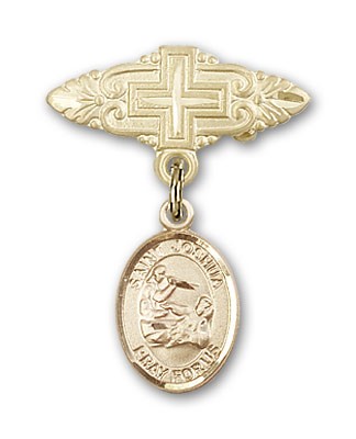 Pin Badge with St. Joshua Charm and Badge Pin with Cross - Gold Tone