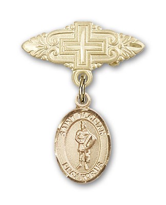 Pin Badge with St. Florian Charm and Badge Pin with Cross - 14K Solid Gold