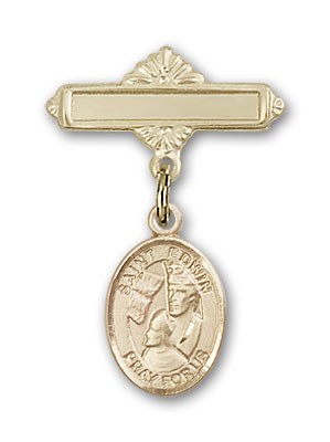 Pin Badge with St. Edwin Charm and Polished Engravable Badge Pin - 14K Solid Gold