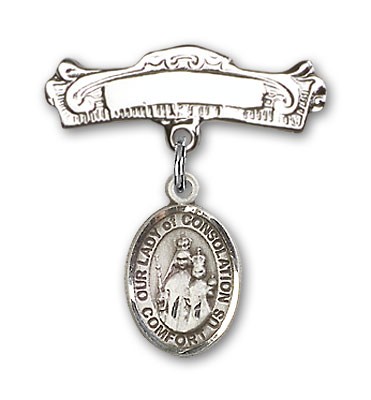 Pin Badge with Our Lady of Consolation Charm and Arched Polished Engravable Badge Pin - Silver tone