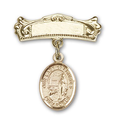 Pin Badge with Our Lady of Lourdes Charm and Arched Polished Engravable Badge Pin - Gold Tone