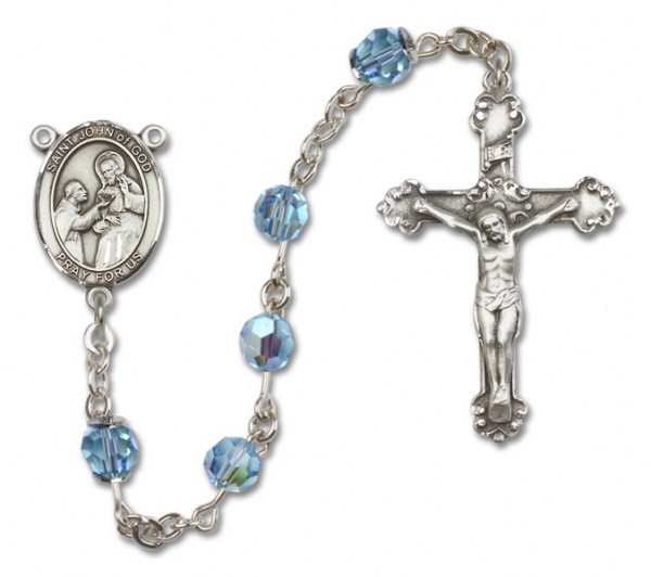 St. John of God Sterling Silver Heirloom Rosary Fancy Crucifix - Aqua
