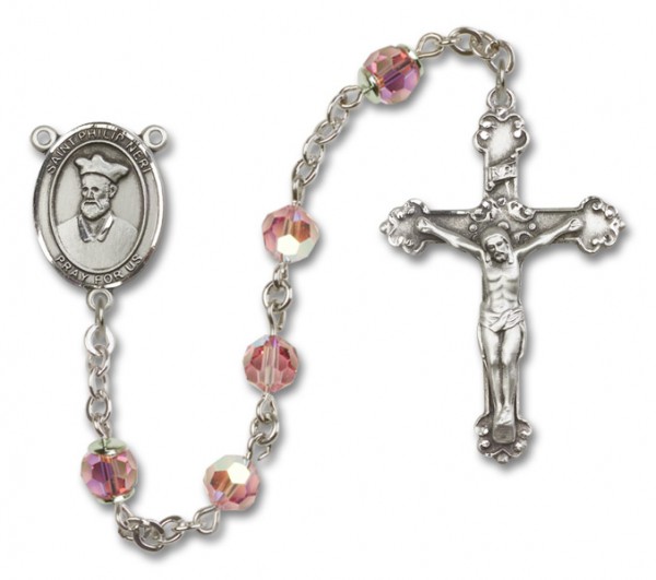 St. Philip Neri Sterling Silver Heirloom Rosary Fancy Crucifix - Light Rose