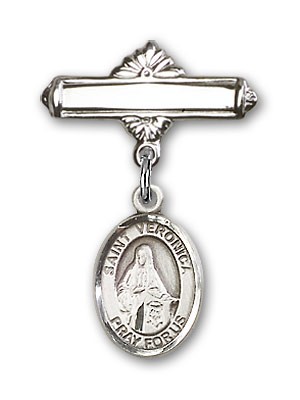 Pin Badge with St. Veronica Charm and Polished Engravable Badge Pin - Silver tone