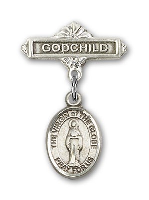 Baby Badge with Virgin of the Globe Charm and Godchild Badge Pin - Silver tone