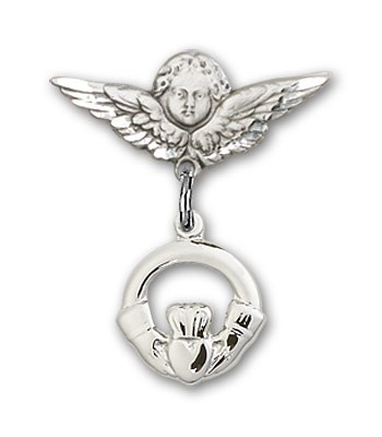 Pin Badge with Claddagh Charm and Angel with Smaller Wings Badge Pin - Silver tone