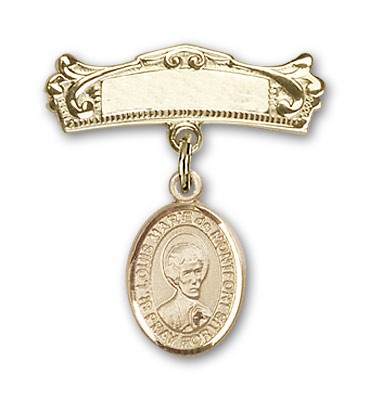 Pin Badge with St. Louis Marie de Montfort Charm and Arched Polished Engravable Badge Pin - Gold Tone