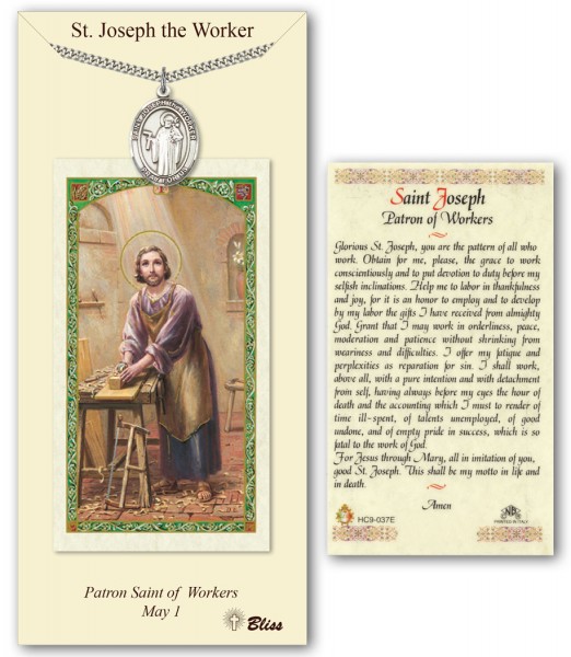 St. Joseph the Worker Medal in Pewter with Prayer Card - Silver tone