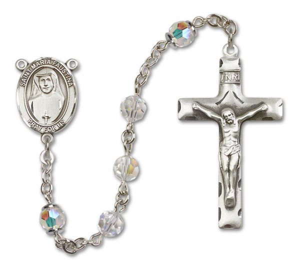 St. Maria Faustina Sterling Silver Heirloom Rosary Squared Crucifix - Crystal