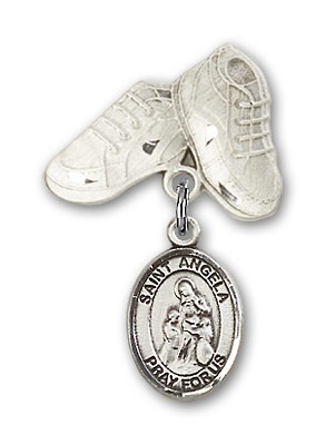 Pin Badge with St. Angela Merici Charm and Baby Boots Pin - Silver tone