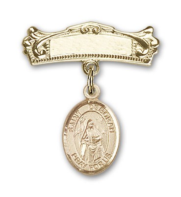 Pin Badge with St. Deborah Charm and Arched Polished Engravable Badge Pin - Gold Tone