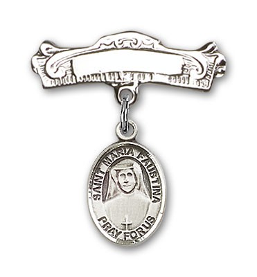 Pin Badge with St. Maria Faustina Charm and Arched Polished Engravable Badge Pin - Silver tone