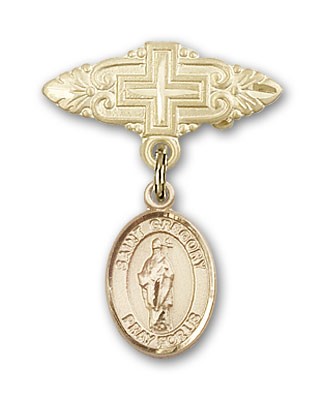 Pin Badge with St. Gregory the Great Charm and Badge Pin with Cross - Gold Tone