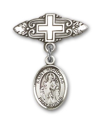 Pin Badge with St. Nicholas Charm and Badge Pin with Cross - Silver tone