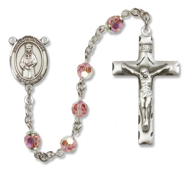 Our Lady of Hope Sterling Silver Heirloom Rosary Squared Crucifix - Light Rose