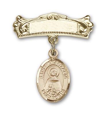 Pin Badge with St. Anastasia Charm and Arched Polished Engravable Badge Pin - Gold Tone