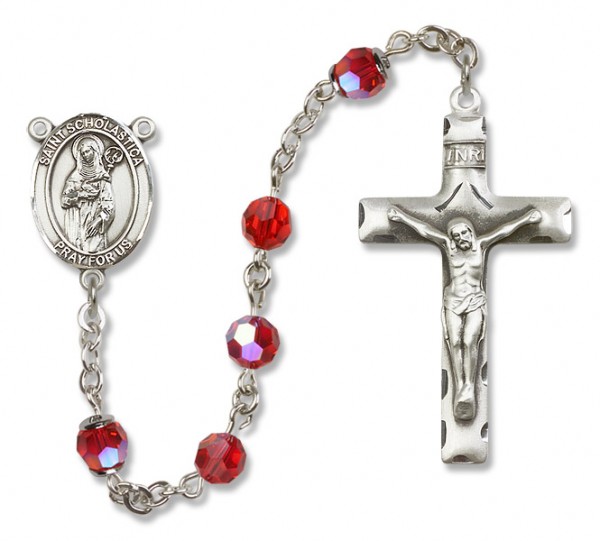 St. Scholastica Sterling Silver Heirloom Rosary Squared Crucifix - Ruby Red