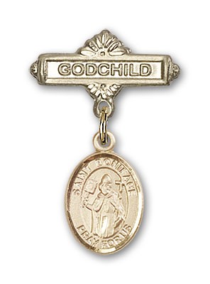 Pin Badge with St. Boniface Charm and Godchild Badge Pin - 14K Solid Gold
