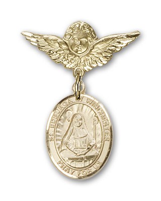 Pin Badge with St. Edburga of Winchester Charm and Angel with Smaller Wings Badge Pin - 14K Solid Gold